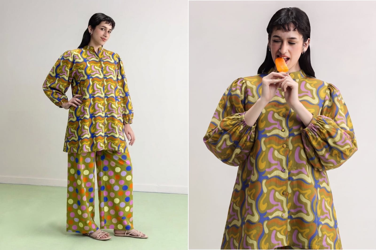 Uraan Olive Abstract Print Lawn 2Pc – Polka Dot Trouser