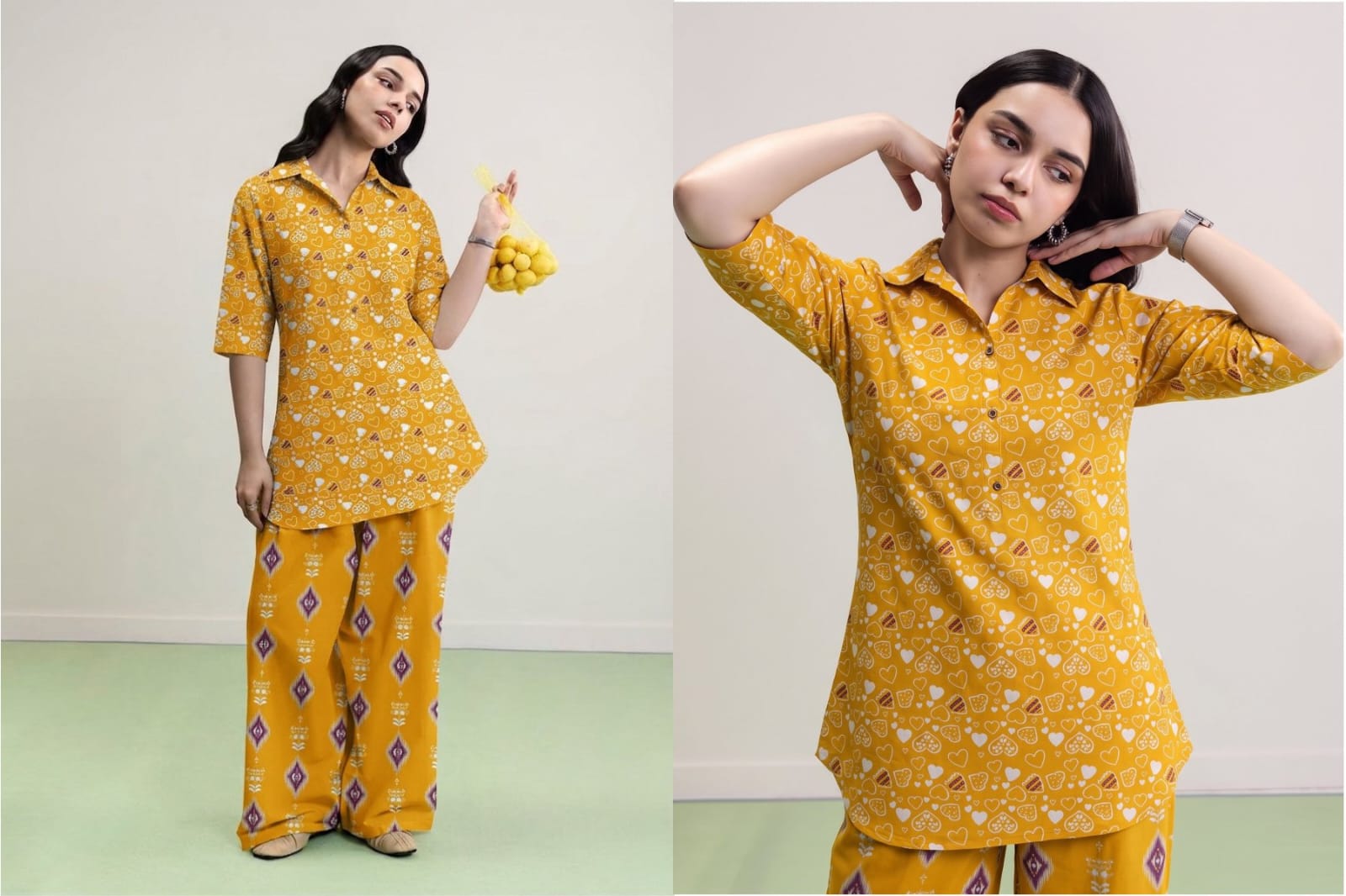 Uraan Mustard Heart Print Lawn 2Pc – Ikat Trouser