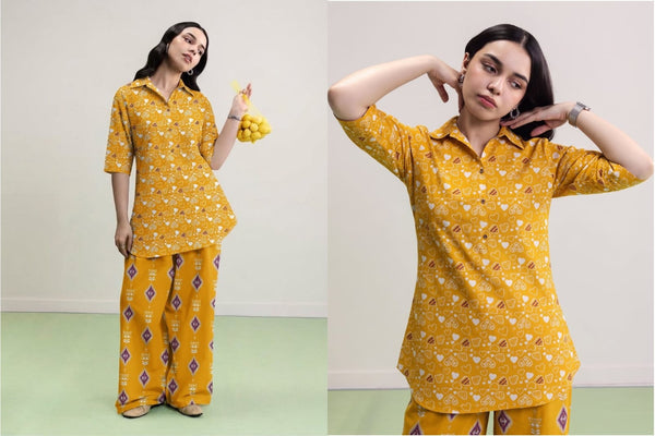 Uraan Mustard Heart Print Lawn 2Pc – Ikat Trouser